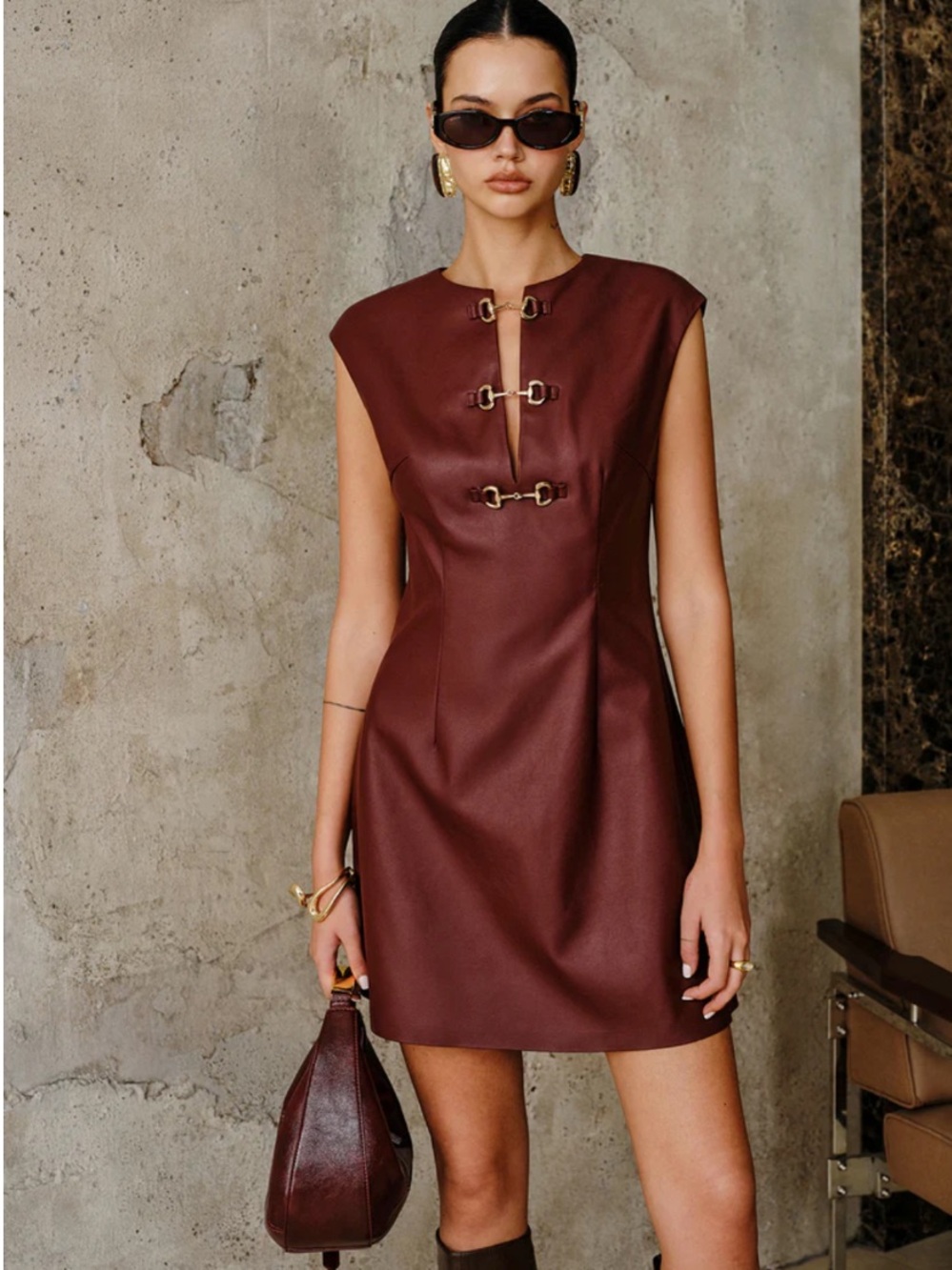 Commense PU Leather Metal Buckle Sleeveless Mini Dress Horsebit in Burgundy Red